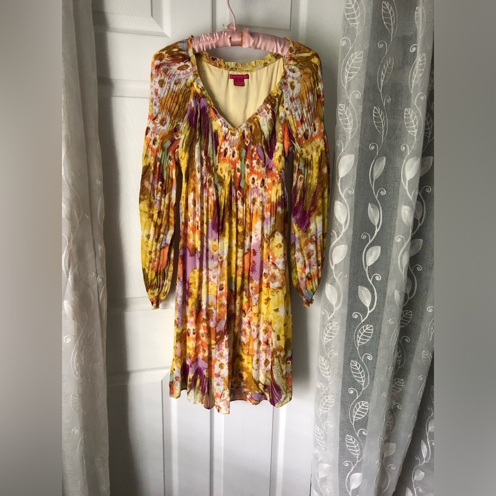 Sunny Leigh bright color floral short Hippie dress flutter sleeve women sz S - Picture 3 of 11